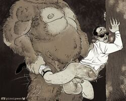 against_tree american_mythology anal anal_sex artist_signature artist_upload belly_bulge big_balls big_penis bigfoot cryptid d.b._cooper gay male male/male monochrome monster monster_cock monster_on_human monster_on_male pinnipeen ridiculous_fit sasquatch size_difference sock_garters stomach_bulge sunglasses x-ray