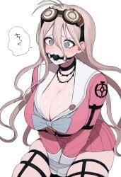 1girls ahoge ai_generated arms_between_legs ball_gag blonde_hair blue_eyes blush bound_wrists bow breasts choker cleavage danganronpa danganronpa_v3 female female_only gag goggles goggles_on_head hair_between_eyes hands_between_legs huge_breasts iruma_miu large_breasts long_hair new_danganronpa_v3 school_uniform skindentation thick_thighs