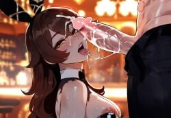 1boy 1girls after_fellatio after_oral after_sex ai_generated amber_(genshin_impact) bar big_breasts big_penis blowjob breasts brown_hair bunny_ears bunny_girl bunnysuit cum cum_in_mouth cum_on_face cum_on_hair facial fellatio genshin_impact huge_breasts large_breasts long_hair male muscles muscular muscular_male oral oral_sex orange_hair penis playboy_bunny sex