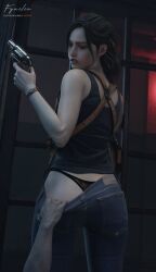 1girls 3d ass big_ass big_butt breasts claire_redfield female female_only fgnilin firearm handgun jeans male panties pants resident_evil resident_evil_2 resident_evil_2_remake revolver solo solo_focus thighs thong thong_aside weapon zombie