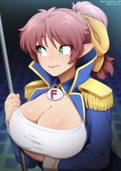 big_breasts big_breasts blue_jacket brown_eyebrows brown_hair chestnut_hair cleavage dark_blonde dark_blonde_hair epaulettes eyebrows_visible_through_hair green_eyes holding_breast huge_boobs huge_breasts light-skinned_female light_skin looking_away neocoill open_mouth pointy_ears ponytail tongue white_shirt white_skin white_skinned_female yellow_ribbon