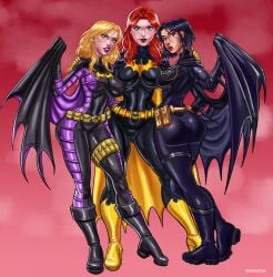 3girls asian asian_female ass ass barbara_gordon batgirl batgirl_(cassandra_cain) batgirl_(stephanie_brown) batman_(series) black_hair black_hair_female blonde_female blonde_hair blonde_hair blonde_hair_female blue_eyes breasts brown_eyes cassandra_cain costume dc dc_comics female female_only green_eyes heroine light-skinned_female light_skin looking_at_viewer red_hair red_hair red_hair_female sketchatron stephanie_brown superheroine