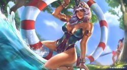 1girls bikini female female_focus female_only fiora_laurent galakushi league_of_legends pool pool_party_series qiyana_yunalai