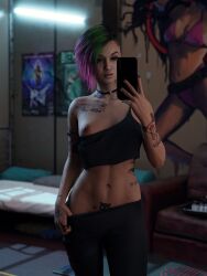 1girls 3d abs areolae arm_tattoo asymmetrical_hair brown_eyes chest_tattoo choker cyberpunk_2077 detailed_background eyeliner female female_only finger_tattoo fit fit_female girl green_and_purple_hair greengiant3d holding_phone indoors judy_alvarez leggings leggings_pull looking_at_phone medium_breasts midriff multicolored_hair navel neck_tattoo nipple one_breast_out one_breast_out_of_clothes painted_nails pink_and_green_hair plump_lips pubic_tattoo selfie selfie_pose shaved_side short_hair shoulder_tattoo side_tattoo solo standing tank_top tank_top_down tattoos_everywhere