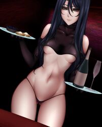 1girls black_hair choker dark_blue_hair eyelashes eyeshadow female green_eyes ligeia_lagana long_hair neltumo original original_character pale-skinned_female pale_skin petite purple_eyeliner purple_eyeshadow seductive_eyes seductive_look seductive_mouth skinny slim squishier very_long_hair waitress