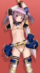 alice_gear_aegis armor armpits arms_up ass_visible_through_thighs bikini boots breasts female gloves highres holding holding_sword holding_weapon ichijou_ayaka long_hair looking_at_viewer micro_bikini navel nipples purple_eyes purple_hair pussy pussy_peek sasayuki see-through small_breasts solo swimsuit sword thigh_boots twintails weapon