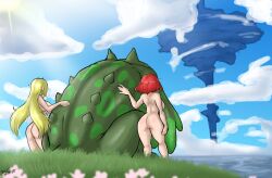 1boy 2girls absurd_res after_sex amphibian ass back_boob big_breasts big_butt blade_(xenoblade) blonde_hair bodily_fluids breasts brog_(xenoblade) bubble_butt cloud cum cum_drip cum_inside curvy_figure dripping female feral field frog genital_fluids good_end good_ending green_body green_skin group hair hi_res human larger_male long_hair male male/female mammal monster mythra_(xenoblade) nayaa nayaase_beleguii nude_female nude_human outdoor_nudity outside public public_nudity pyra_(xenoblade) red_hair short_hair size_difference smaller_female thick_thighs trio voluptuous voluptuous_female wide_hips xenoblade_(series) xenoblade_chronicles_2 zoophilia