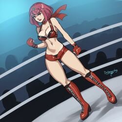 1girls boots bra cleavage cosplay dr_graevling female female_only front_view gloves medium_hair nintendo pyra red_eyes red_hair rumble_roses shorts solo standing wrestling_outfit wrestling_ring xenoblade_(series) xenoblade_chronicles_2