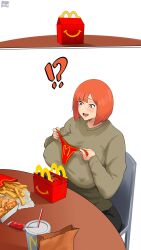 1girls alternate_breast_size big_breasts bob_cut breasts busty curvaceous curvy curvy_body curvy_female curvy_figure female french_fries happy_meal huge_breasts large_breasts mcdonald's milf mom_(japanese_mcdonald's_commercial) mother orange_hair panties patitonsfw voluptuous yoru_mac