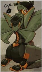 alien alien_female alien_girl alien_humanoid armor armored_female ass_out back_view camo camo_print camouflage camouflage_print cybertronian feet female female_focus female_only furryyet green_armor hourglass_figure looking_back_at_viewer looking_over_shoulder mechavee nice_ass original_character red_eyes robot robot_female robot_girl shiny_ass shiny_body shiny_butt sitting sitting_down sitting_on_floor sitting_on_knees solo_female toes transformers wings