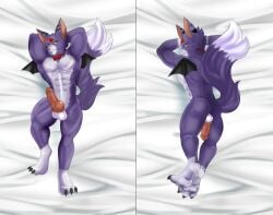 abs anthro ass balls bandai_namco bedding bedding_background checkhoff claws dakimakura_design dakimakura_pose digimon digimon_(species) dorumon dragon erection fur furred_dragon genitals hi_res knot male male_only muscular muscular_anthro muscular_male mythological_creature mythological_scalie mythology pecs penis purple_body purple_fur scalie solo wings x-digimon