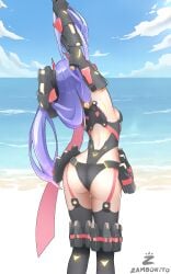 ass beach behind_view big_ass breasts clothing nintendo outside poppi_(xenoblade) poppi_qtpi_(xenoblade) purple_hair robot robot_girl sand sideboob stockings stretching water xenoblade_(series) xenoblade_chronicles_2 zambonito