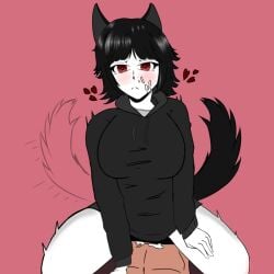 1girls animal_ears animal_tail big_breasts big_breasts big_breasts black_hair blush blush_lines cowgirl_position cum_in_pussy cum_on_face female flushed red_eyes short_hair tiktoker wolf_ears