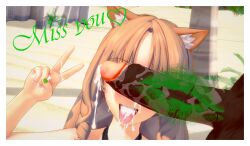 1boy 1girls 3d arknights beach blonde_hair censored cheating cock cum cum_drip cum_in_hands cum_in_mouth dark-skinned_male eye_covered fangs furry_ears green_nails interracial kino_(pixiv67256913) koikatsu light-skinned_female lipstick lipstick_mark male nail_polish netorare peace_sign penis picture picture_frame smile smiling swire_(arknights) text tongue tongue_out