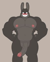 absurd_res anthro barazoku big_pecs big_penis black_body black_fur erection fur genitals hi_res humanoid_genitalia humanoid_penis lagomorph leporid male mammal musclegut muscular muscular_arms navel nipples palchamon pecs penis pink_nipples rabbit red_body red_fur smile smirk solo teeth thick_thighs yamcha_(palchamon)