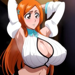 1girls ai_generated armpits arms_behind_head arms_up bare_breasts bleach bleach:_the_thousand-year_blood_war blush breasts breasts_out busty center_opening cleavage cleavage_cutout cleavage_overflow dress embarrassed female female_focus inoue_orihime jarentr large_breasts nai_diffusion nipples no_bra open_clothes orange_hair revealing_clothes school_uniform shoulder_pads shy skimpy skimpy_clothes stable_diffusion top_heavy top_heavy_breasts upper_body voluptuous voluptuous_female