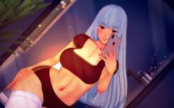 3d busty female_focus female_only king_of_fighters koikatsu kula_diamond mirror_selfie pajamas phone selfie skimpy_clothes smiling snk spidey-dude taking_picture taking_selfie thighhighs thighs