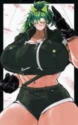 alien_girl ass_bigger_than_head big_ass big_breasts cosplay ear_piercing female female_only green_hair huge_breasts jeans king_of_fighters leona_heidern roach rochi rochi(rrrroch1) rrrroch1 solo taller_girl tattoo tomboy