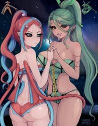 2022 2girls ass back_tentacles bikini black_sclera blue_eyes blue_hair deoxys earrings female female_only fingers_interlocked forked_tongue generation_3_pokemon ghoulmommie gijinka green_hair hairclip hand_holding high_ponytail legendary_pokemon long_hair looking_at_partner looking_at_viewer looking_back looking_back_at_viewer nintendo open_mouth pointy_ears pokémon_(species) pokegirl pokemon pokemon_(species) rayquaza red_hair reference_image slit_pupils smiling swimsuit swimwear tentacle tongue_out two_tone_hair very_high_resolution yellow_eyes yuri