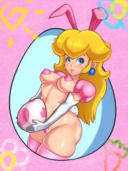 1girls animal_ears big_breasts blonde_hair blue_eyes breasts bunny_ears bunny_girl bunny_tail bunnysuit easter egg elbow_gloves fake_animal_ears fake_tail female female_only gloves holding_egg large_breasts long_hair looking_at_viewer maebari mario_(series) pasties princess_peach skindentation sleepiitreat solo standing tail thick_thighs thighhighs thighs wide_hips