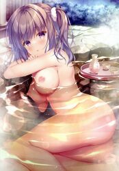 absurdres ass bangs bath bathing blush breasts bush choko_(cup) cup eyebrows_visible_through_hair eyelashes female female from_side groin hair_intakes hair_ornament hair_scrunchie highres large_breasts long_hair looking_at_viewer melonbooks nipples non-web_source nude one_side_up onsen open_mouth original outdoors partially_submerged purple_eyes rock scan scrunchie smile solo steam takano_yuki_(allegro_mistic) thighs tokkuri water white_scrunchie