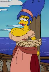 1girls big_breasts blue_hair cleavage clothed clothing dress eyelashes female female_focus female_only lipstick long_hair looking_at_viewer marge_simpson mature_female milf mother ocean rocner ship standing the_simpsons tied tied_to_pole voluptuous yellow_skin