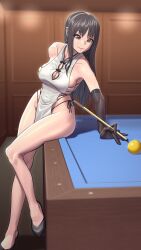 big_breasts billiards bra brown_eyes cleavage dark_hair gloves light_skin lingerie long_legs lyoung0j smiling thick_thighs