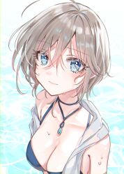 anastasia_(idolmaster) antenna_hair aqua_eyes bikini blush breasts cleavage eyebrows_visible_through_hair eyelashes_visible_through_hair hair_between_eyes idolmaster idolmaster_cinderella_girls jacket jewelry looking_at_viewer rum_raisin_(chihiromakita19) short_hair silver_hair water wet wet_jacket