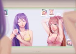 2girls blue_eyes bra breasts brown_hair brush brushing_hair cleavage doki_doki_literature_club female female_only green_eyes mikavey mirror mirror_reflection monika_(doki_doki_literature_club) multiple_girls natsuki_(doki_doki_literature_club) picture_(object) pink_bra pink_eyes pink_hair purple_eyes purple_hair red_bow red_hair_bow sayori_(doki_doki_literature_club) strawberry_blonde_hair white_bow white_hair_bow wholesome yellow_bra yuri_(doki_doki_literature_club)