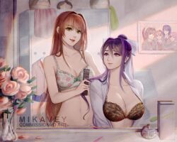 2girls big_breasts bow_bra bra breasts brown_hair cleavage commission_art doki_doki_literature_club female female_only flowers green_eyes hair_comb mikavey mirror mirror_reflection monika_(doki_doki_literature_club) multiple_girls natsuki_(doki_doki_literature_club) picture_(object) pink_hair purple_eyes purple_hair sayori_(doki_doki_literature_club) wholesome yuri_(doki_doki_literature_club)