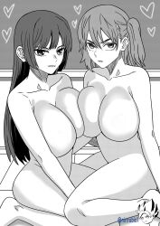 2girls big_breasts black_and_white breast_press breast_to_breast breasts classroom cleavage curvy duo female_only heart hearts_around_head huge_breasts kneeling long_hair looking_at_viewer medium_hair monochrome ninrubio nude please_don't_bully_me,_nagatoro pose president_(nagatoro) sana_sunomiya shikki_(nagatoro) simple_background sitting watermark white_background wide_hips