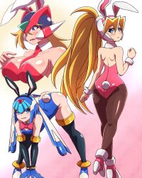 3girls ass ass_up big_breasts bliss_zero blonde_hair blue_eyes blush bunnysuit ciel_(mega_man) fairy_leviathan female female_only helmet human large_breasts long_hair mega_man mega_man_x_dive mega_man_zero noburockman reploid robot robot_girl rule_63 tagme zero_(mega_man)