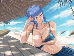 1girls alternate_breast_size alternate_costume bangs beach big_breasts bikini blue_bikini blue_hair blue_swimsuit breasts breasts_out brown_eyes female fire_emblem fire_emblem:_three_houses fire_emblem_heroes large_breasts magdalenus27 marianne_von_edmund marianne_von_edmund_(summer) nintendo nipples official_alternate_costume sarong smile soft_breasts solo sunlight sunny sweat swimsuit