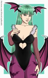 batwings blackcapbandit cleavage clothing darkstalkers female green_hair morrigan_aensland pinup small_breasts succubus thick_thighs