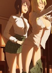 2girls black_necktie blonde_hair blouse boku_wa_tomodachi_ga_sukunai bra breasts brown_hair cleavage closed_eyes dress_shirt female_only fingering fingering_from_behind fingering_through_clothes green_skirt highres indoors kuroneko_pantsu large_breasts long_hair long_sleeves mikazuki_yozora miniskirt multiple_girls necktie open_clothes open_mouth open_shirt panties panty_pull plaid plaid_skirt pleated_skirt pulled_by_another purple_eyes school_uniform sena_kashiwazaki shirt short_hair skirt st._chronica_academy_uniform standing straight_hair tears through_clothes underboob underwear white_bra white_panties white_shirt yuri