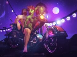 ambiguous_penetration breasts goblin goblin_(warcraft) goblin_female human interracial large_breasts male male/female motorcycle panties red_hair sex sunglasses sunglasses_on_head thismelancholic vehicle warcraft world_of_warcraft writing_on_body yellow_eyes