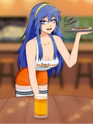 1girls alternate_costume bar bare_shoulders beer bending_over blue_eyes blue_hair blurry_background chicken_wings cleavage commission crown drink employee_uniform eyebrows eyebrows_visible_through_hair eyelashes eyelashes_visible_through_hair fire_emblem fire_emblem_awakening food hooters hooters_uniform light_skin lucina_(fire_emblem) nintendo smile stool symbol_in_eye table tsunsune waitress