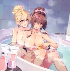 2girls bathroom bathtub blonde_hair blue_background blue_eyes breasts brown_hair cherry_blossoms convenient_censoring cup drinking_glass female highres himeyamato iowa_(kantai_collection) kantai_collection large_breasts long_hair multiple_girls nude partially_submerged red_eyes rubber_duck sharing_bathtub star-shaped_pupils star_(symbol) steam symbol-shaped_pupils table tile_wall tiles yamato_(kantai_collection) yuri