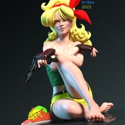 1girls 3d bad_launch barefoot blonde_female blonde_hair clothed clothing dragon_ball dragon_ball_z errbee feet female female_only foot_fetish gloves green_eyes gun hairband highres launch looking_at_viewer ribbon shoes shoes_removed shorts sitting smile socks socks_removed solo toes weapon