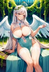 2023 ai_generated angel angel_wings big_breasts curvy_female female_focus female_only heaven high_resolution long_hair seductive_eyes silver_hair stable_diffusion