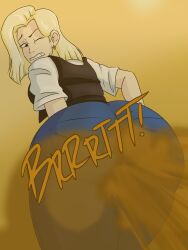 1girls android_18 ass bent_over big_ass blonde_hair dragon_ball dragon_ball_z enormous_ass fart fart_cloud fart_fetish farting female jeans r3draynb0w tight_jeans yoshizilla