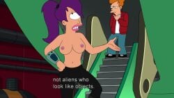 accurate_art_style big_breasts edit futurama philip_j_fry pink_lipstick ponytail purple_hair purple_nipples screencap screenshot_edit third-party_edit turanga_leela