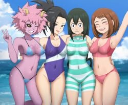 4girls areolae black_hair black_sclera body_paint breasts brown_hair closed_eyes female female_only horns light-skinned_female light_skin long_hair mina_ashido momo_yaoyorozu multiple_girls my_hero_academia nipples ochako_uraraka one_eye_closed painted_clothes peace_sign pink_hair pink_skin pussy setrakian short_hair thighs tsuyu_asui