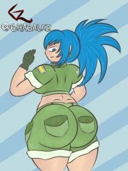 ass big_ass big_butt blue_eyes blue_hair clothed female female_focus ghagalaz huge_ass huge_butt king_of_fighters leona_heidern looking_back snk_heroines:_tag_team_frenzy solo standing