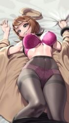 big_breasts bra brown_hair looking_at_viewer lying lying_on_back lyoung0j on_back on_bed slim slim_waist stockings