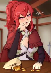 1girls anna_(fire_emblem) anna_(fire_emblem_fates) aroused blush boob_window cleavage cleavage_cutout cloak coin coins commission counting_money finger_in_mouth fire_emblem fire_emblem_fates heart-shaped_pupils horny light_skin lips long_sleeves medium_breasts money nintendo object_between_breasts ponytail pouch red_eyes red_hair smile strap_between_breasts table teeth tsunsune turtleneck