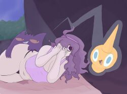 bedroom chubby female gengar gigantic_breasts hands_on_hips hex_maniac huge_ass huge_breasts lying lying_down lying_on_bed pokemon pokemon_xy rotom tank_top voluptuous wardious wide_hips