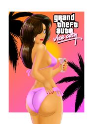 ass black_hair blue_eyes earrings female_only femsub grand_theft_auto grand_theft_auto:_vice_city huge_ass long_hair maijin-kakarroto palm_tree pink_lipstick sideboob solo text vice_city_cover_girl