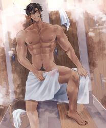 1boy abs absurd_res bara big_penis black_hair commission dark-skinned_male dark_hair dark_skin dominant dominant_male erection erection_under_clothes eye_contact hi_res humanoid humanoid_penis kite_hasegawa looking_at_viewer male male_only male_pubic_hair maledom muscles muscular_male pecs penis penis_under_clothes pov pov_eye_contact pubes see-through smile smiling smirk smirking smirking_at_viewer smooth_skinned_male solo steam thombie_18 virtual_youtuber yellow_eyes