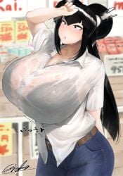 absurdres arm_up armpits artist_name black_bra black_eyes black_hair bra bra_visible_through_clothes breasts denim female gigantic_breasts harashima_rojami highres jeans long_hair original oruka_(kamituki0827) pants see-through shirt signature solo sweat underwear very_long_hair wet wet_clothes wet_shirt